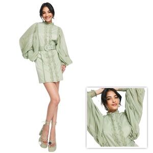 ASOS Design Mini Dress with pleated sleeve and guipure lace trim